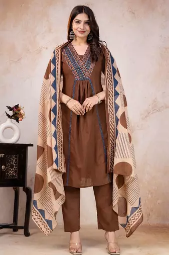 brown printed cotton kurta pant with dupatta