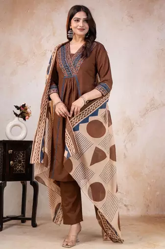 brown printed cotton kurta pant with dupatta