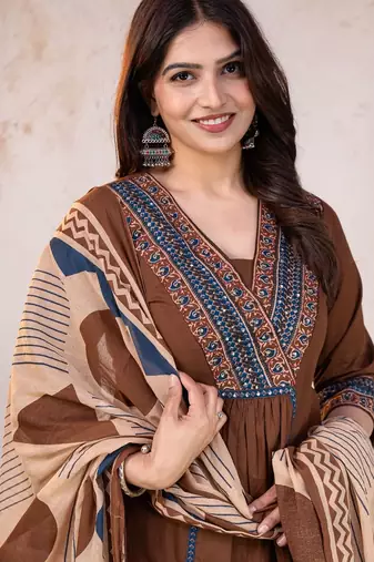 brown printed cotton kurta pant with dupatta