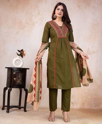 green printed cotton kurta pant with dupatta 1
