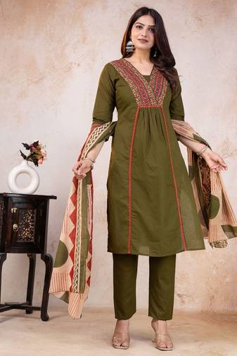 green printed cotton kurta pant with dupatta