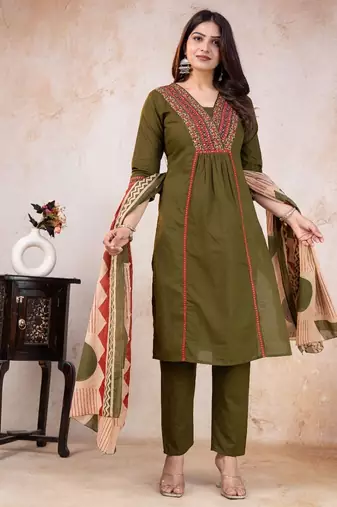 green printed cotton kurta pant with dupatta