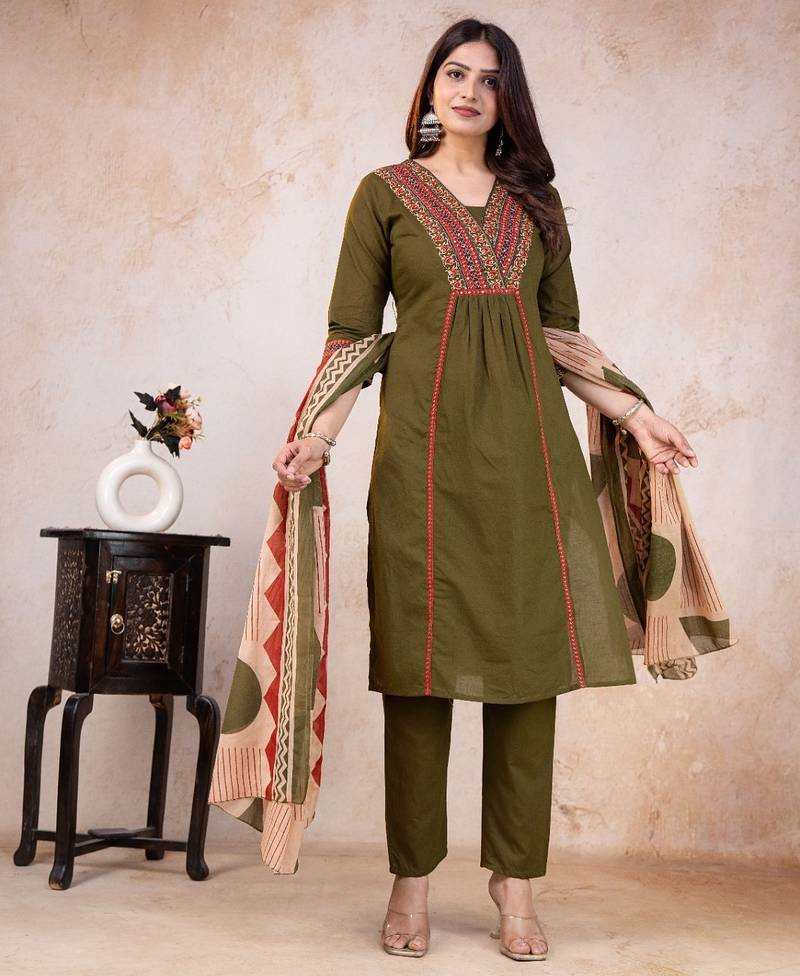 green printed cotton kurta pant with dupatta