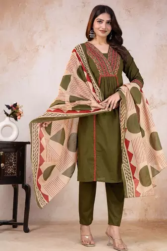 green printed cotton kurta pant with dupatta