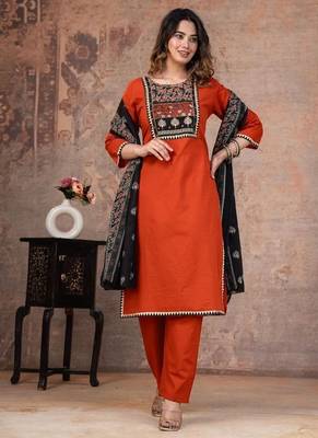 orange printed cotton kurta pant with dupatta 1
