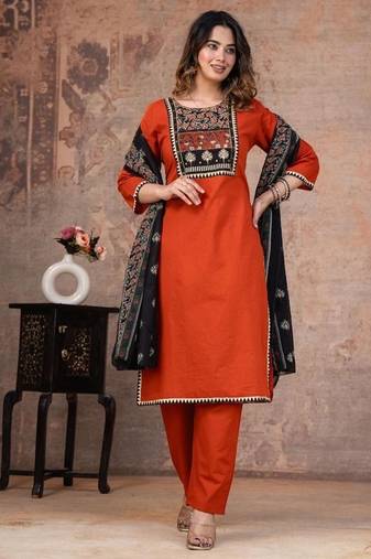 orange printed cotton kurta pant with dupatta