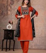 orange printed cotton kurta pant with dupatta