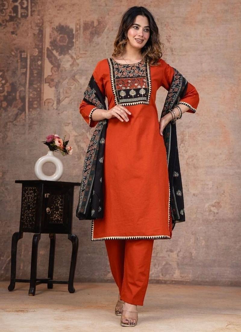 orange printed cotton kurta pant with dupatta
