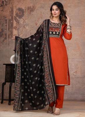 orange printed cotton kurta pant with dupatta 2