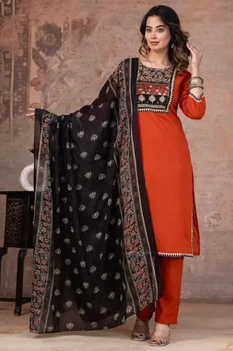 orange printed cotton kurta pant with dupatta