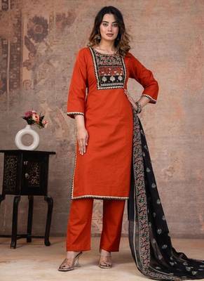 orange printed cotton kurta pant with dupatta 3