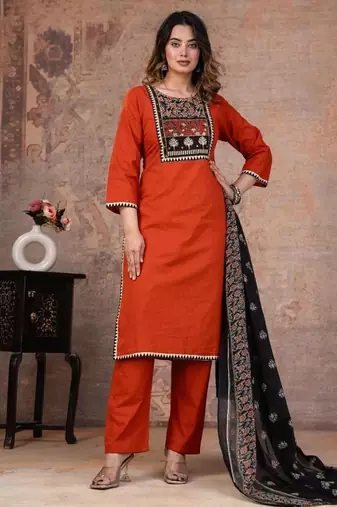 orange printed cotton kurta pant with dupatta