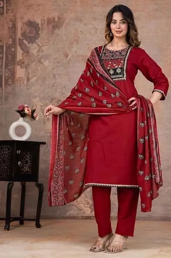 red printed cotton kurta pant with dupatta