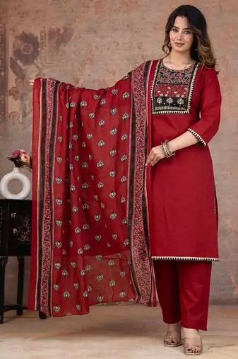 red printed cotton kurta pant with dupatta