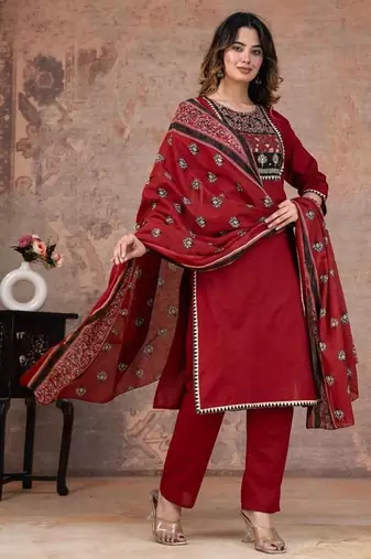 red printed cotton kurta pant with dupatta