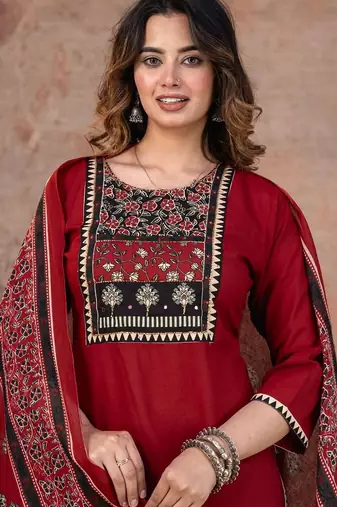 red printed cotton kurta pant with dupatta