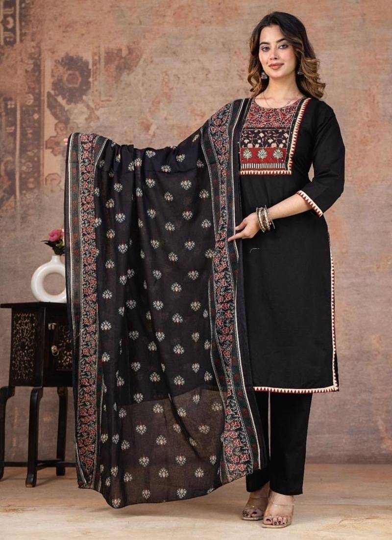 black printed cotton kurta pant with dupatta