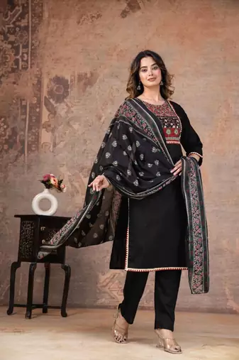 black printed cotton kurta pant with dupatta