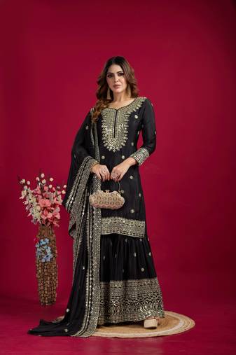 Black Chinnon Silk Embroidery Work Sharara Set