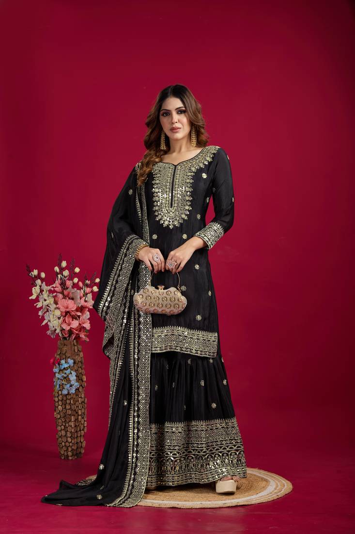 Black Chinnon Silk Embroidery Work Sharara Set