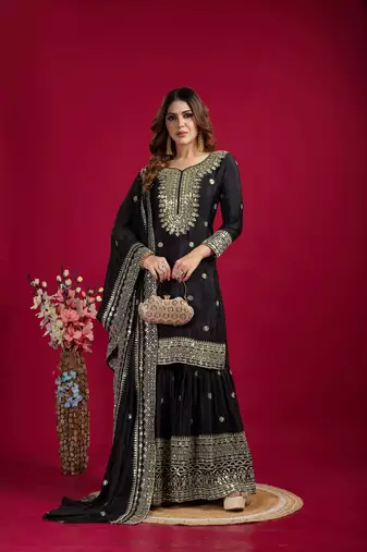 Black Chinnon Silk Embroidery Work Sharara Set