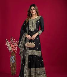 Black Chinnon Silk Embroidery Work Sharara Set