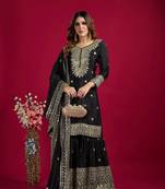 Black Chinnon Silk Embroidery Work Sharara Set