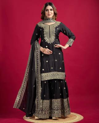 Black Chinnon Silk Embroidery Work Sharara Set 2