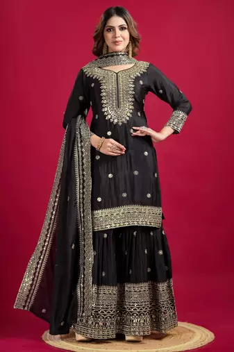 Black Chinnon Silk Embroidery Work Sharara Set
