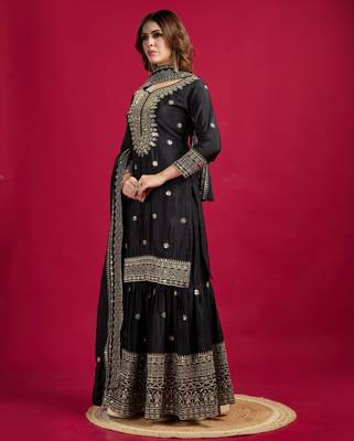 Black Chinnon Silk Embroidery Work Sharara Set 3