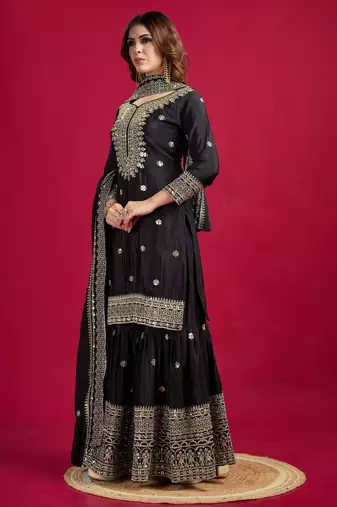 Black Chinnon Silk Embroidery Work Sharara Set