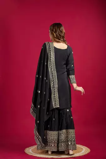 Black Chinnon Silk Embroidery Work Sharara Set