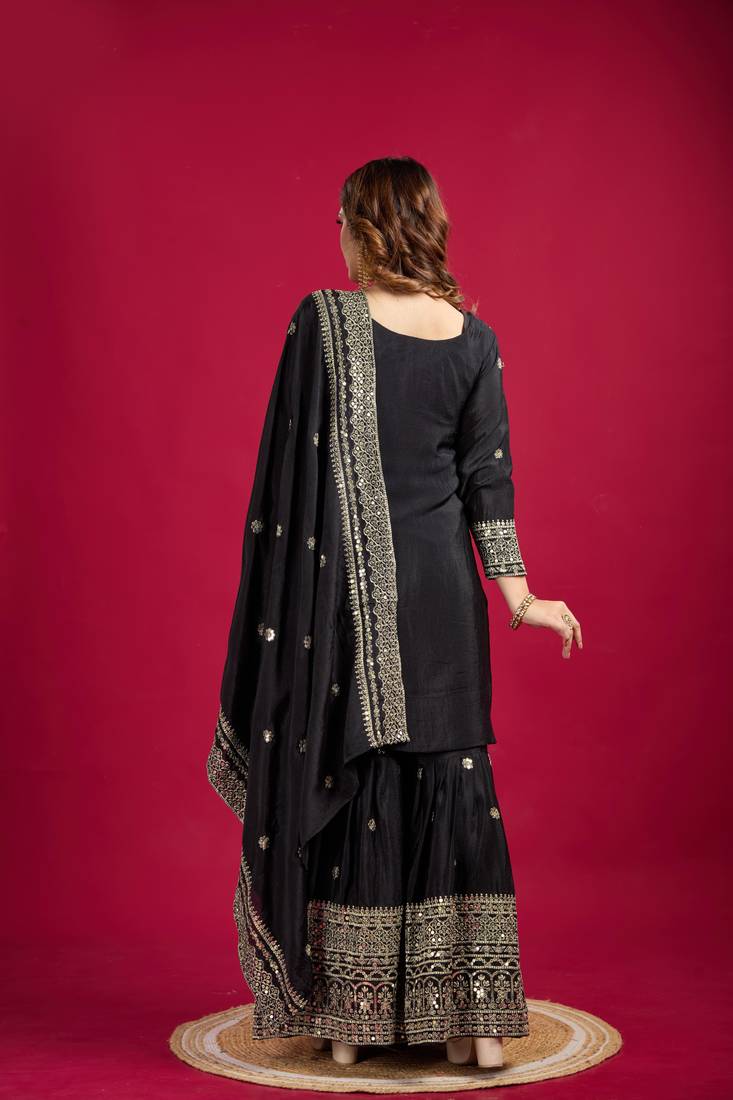 Black Chinnon Silk Embroidery Work Sharara Set