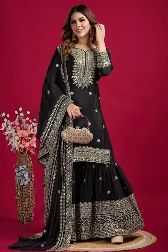 Black Chinnon Silk Embroidery Work Sharara Set