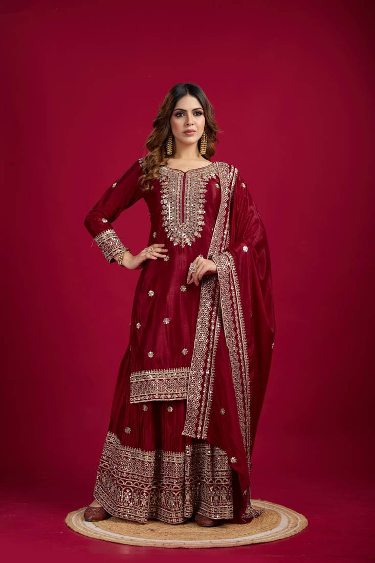 Maroon Chinnon Silk Embroidery Work Sharara Set