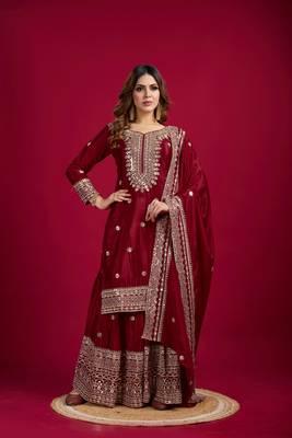 Maroon Chinnon Silk Embroidery Work Sharara Set 1