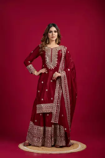 Maroon Chinnon Silk Embroidery Work Sharara Set