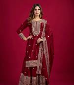 Maroon Chinnon Silk Embroidery Work Sharara Set