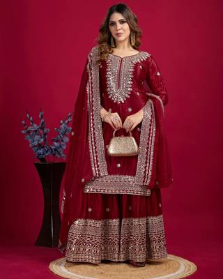 Maroon Chinnon Silk Embroidery Work Sharara Set 2