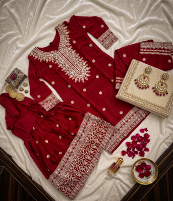 Maroon Chinnon Silk Embroidery Work Sharara Set 5