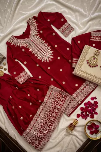 Maroon Chinnon Silk Embroidery Work Sharara Set