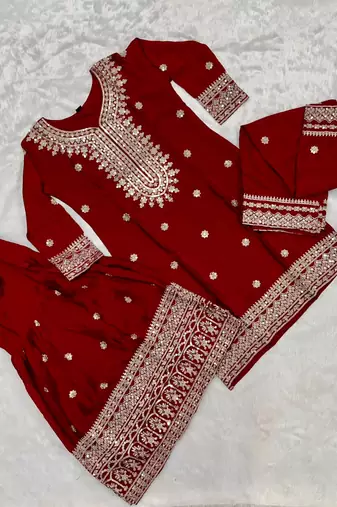 Maroon Chinnon Silk Embroidery Work Sharara Set