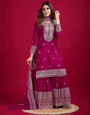 Rani Pink Chinnon Silk Embroidery Work Sharara Set 1