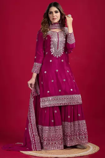 Rani Pink Chinnon Silk Embroidery Work Sharara Set