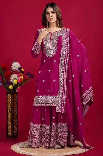 Rani Pink Chinnon Silk Embroidery Work Sharara Set