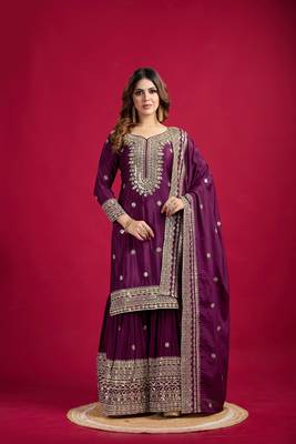 Wine Chinnon Silk Embroidery Work Sharara Set 1