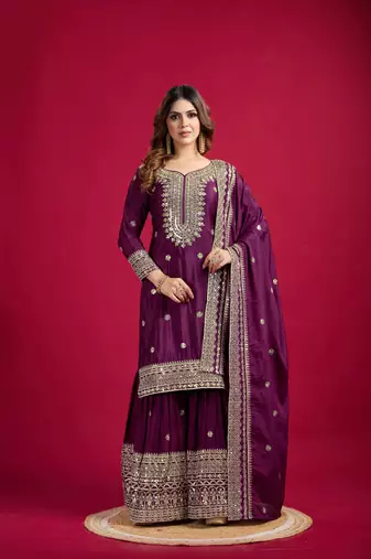 Wine Chinnon Silk Embroidery Work Sharara Set