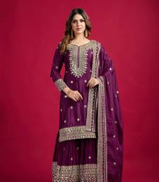 Wine Chinnon Silk Embroidery Work Sharara Set