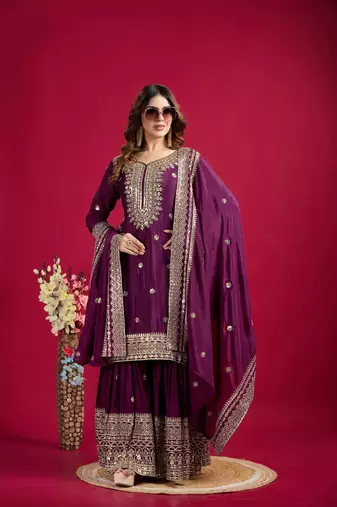 Wine Chinnon Silk Embroidery Work Sharara Set