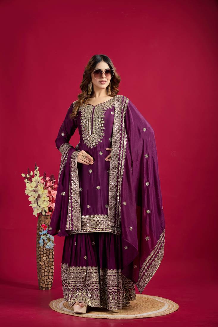 Wine Chinnon Silk Embroidery Work Sharara Set